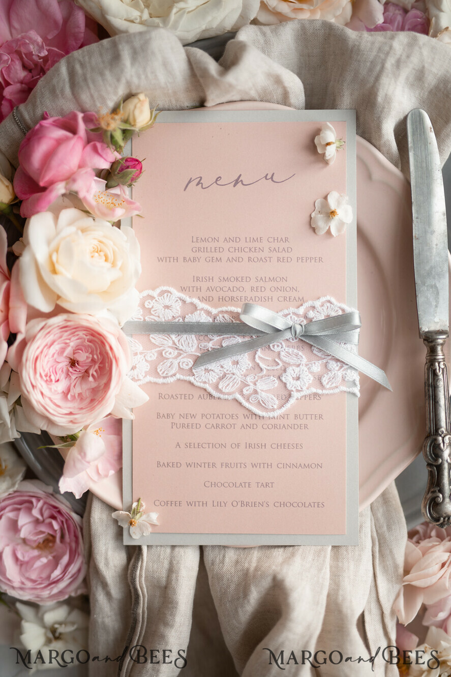 MENU & PROGRAMS rustic Romantic Blush Wedding Menu with Ribbon, Vintage Lace Personalized Menu Cards, Light Grey and Blush Pink Shabby Chic Wedding Menu, Handmade Lace Menu Cards