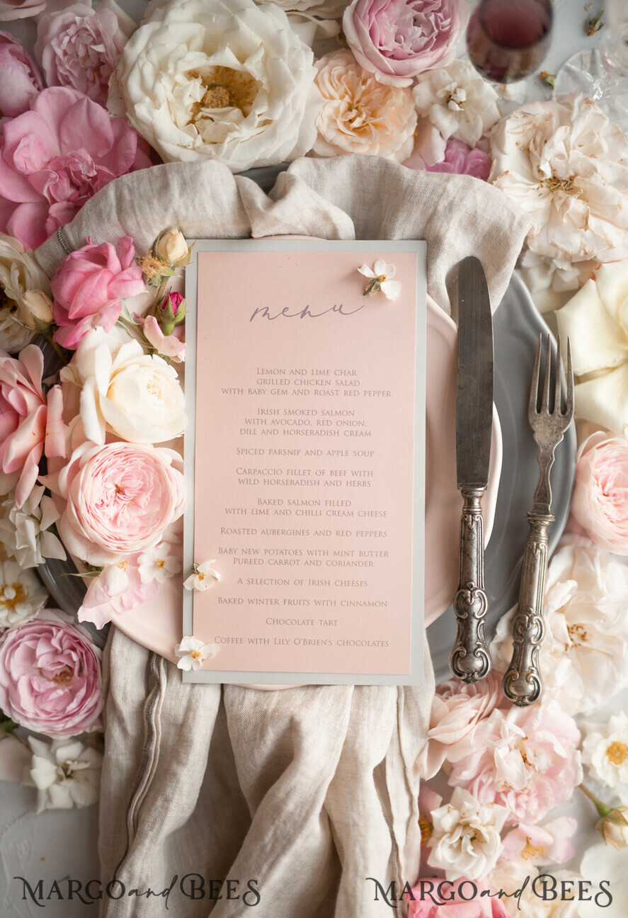 MENU & PROGRAMS rustic Romantic Blush Wedding Menu with Ribbon, Vintage Lace Personalized Menu Cards, Light Grey and Blush Pink Shabby Chic Wedding Menu, Handmade Lace Menu Cards
