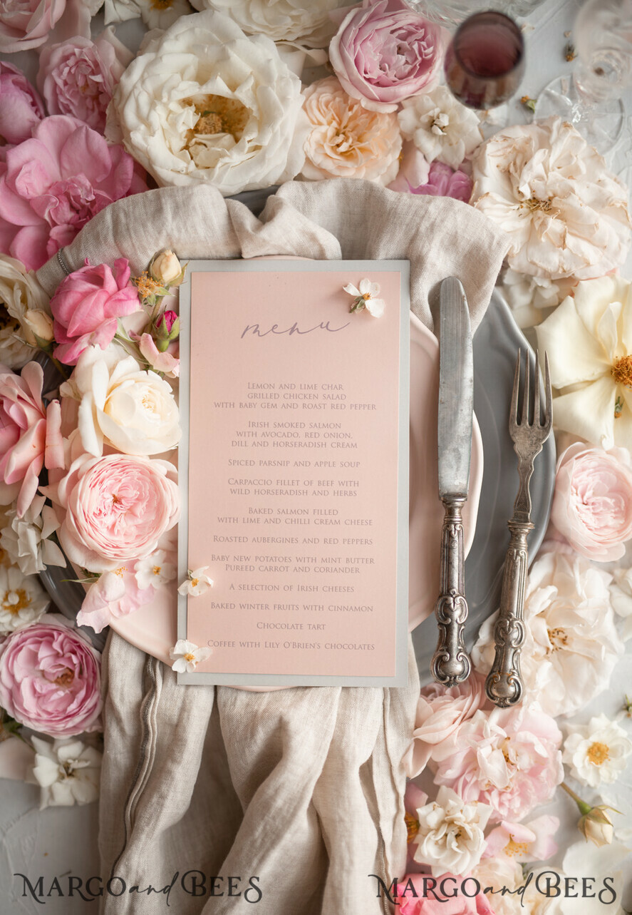 MENU & PROGRAMS rustic Romantic Blush Wedding Menu with Ribbon, Vintage Lace Personalized Menu Cards, Light Grey and Blush Pink Shabby Chic Wedding Menu, Handmade Lace Menu Cards