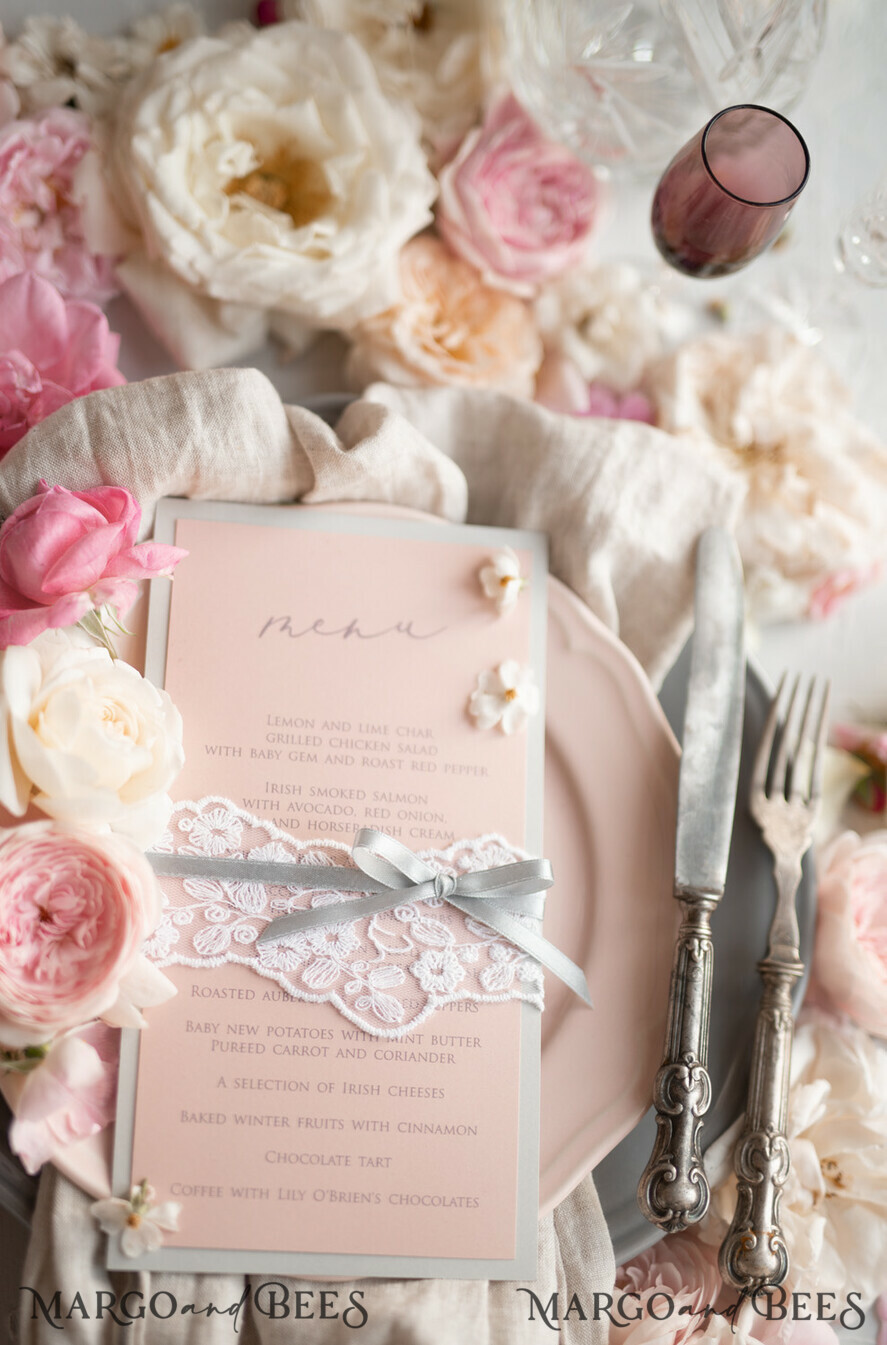 MENU & PROGRAMS rustic Romantic Blush Wedding Menu with Ribbon, Vintage Lace Personalized Menu Cards, Light Grey and Blush Pink Shabby Chic Wedding Menu, Handmade Lace Menu Cards