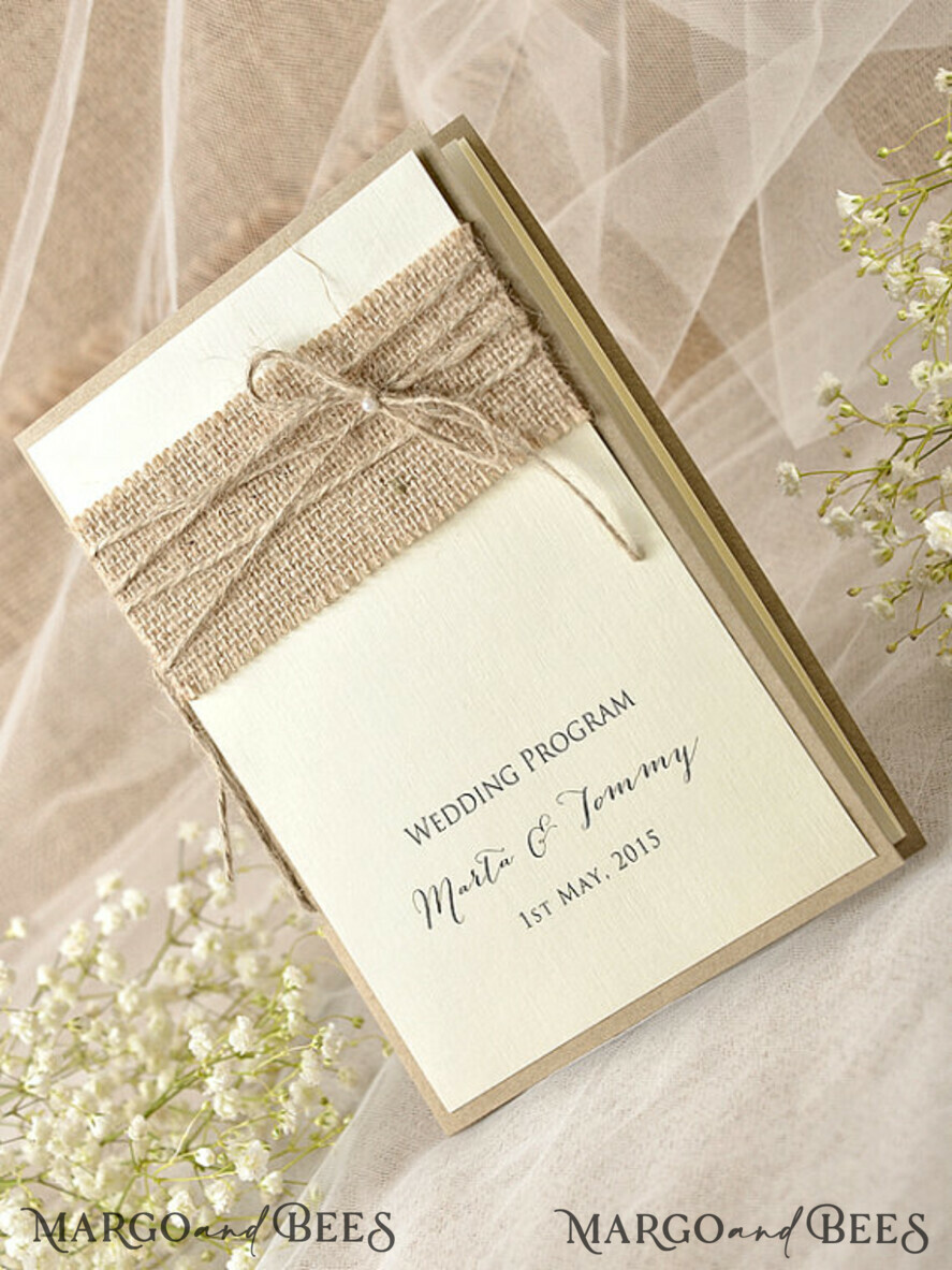 MENU & PROGRAMS rustic Rustic Wedding Program with Burlap, Barn Wedding Program, Eco Romantic Personalized Cards with Twine, Simple Rustic Wedding Program, Elegant Wooden Booklet Ecru Wedding Cards