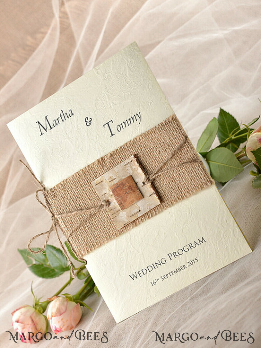 MENU & PROGRAMS rustic Rustic Wedding Program with Burlap, Barn Wedding Program, Eco Romantic Personalized Cards with Twine, Simple Rustic Wedding Program, Elegant Wooden Booklet Ecru Wedding Cards