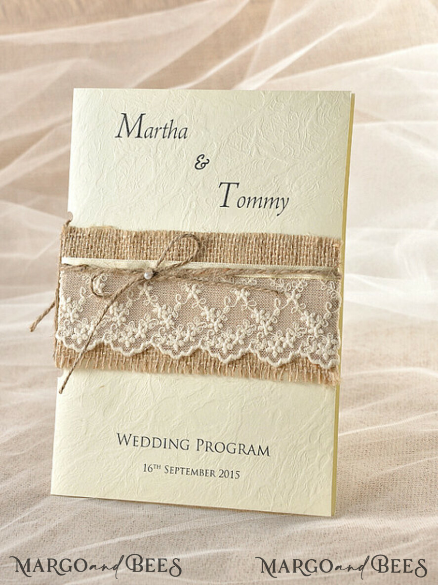MENU & PROGRAMS rustic Rustic Wedding Program with Lace, Barn Wedding Program, Eco Romantic Personalized Cards with Twine, Simple Rustic Wedding Program, Elegant Booklet Ecru Wedding Cards
