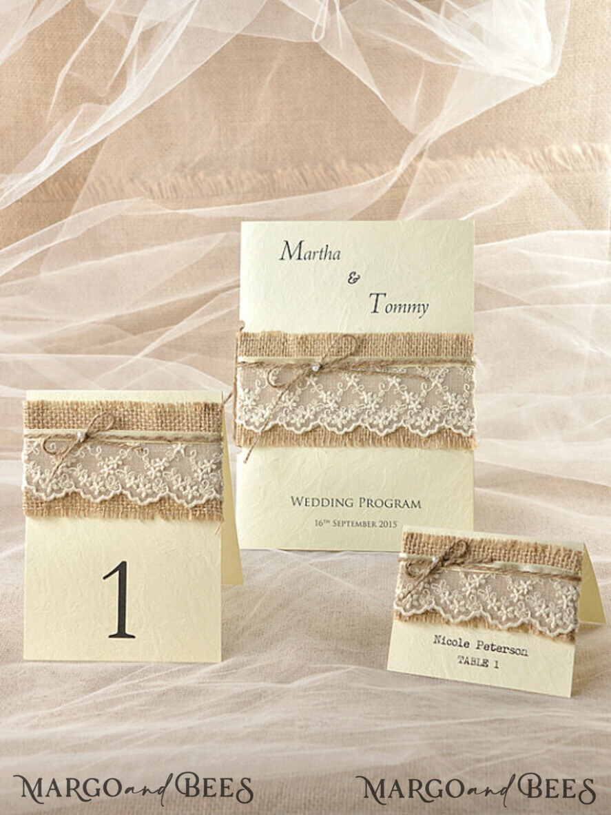 MENU & PROGRAMS rustic Rustic Wedding Program with Lace, Barn Wedding Program, Eco Romantic Personalized Cards with Twine, Simple Rustic Wedding Program, Elegant Booklet Ecru Wedding Cards