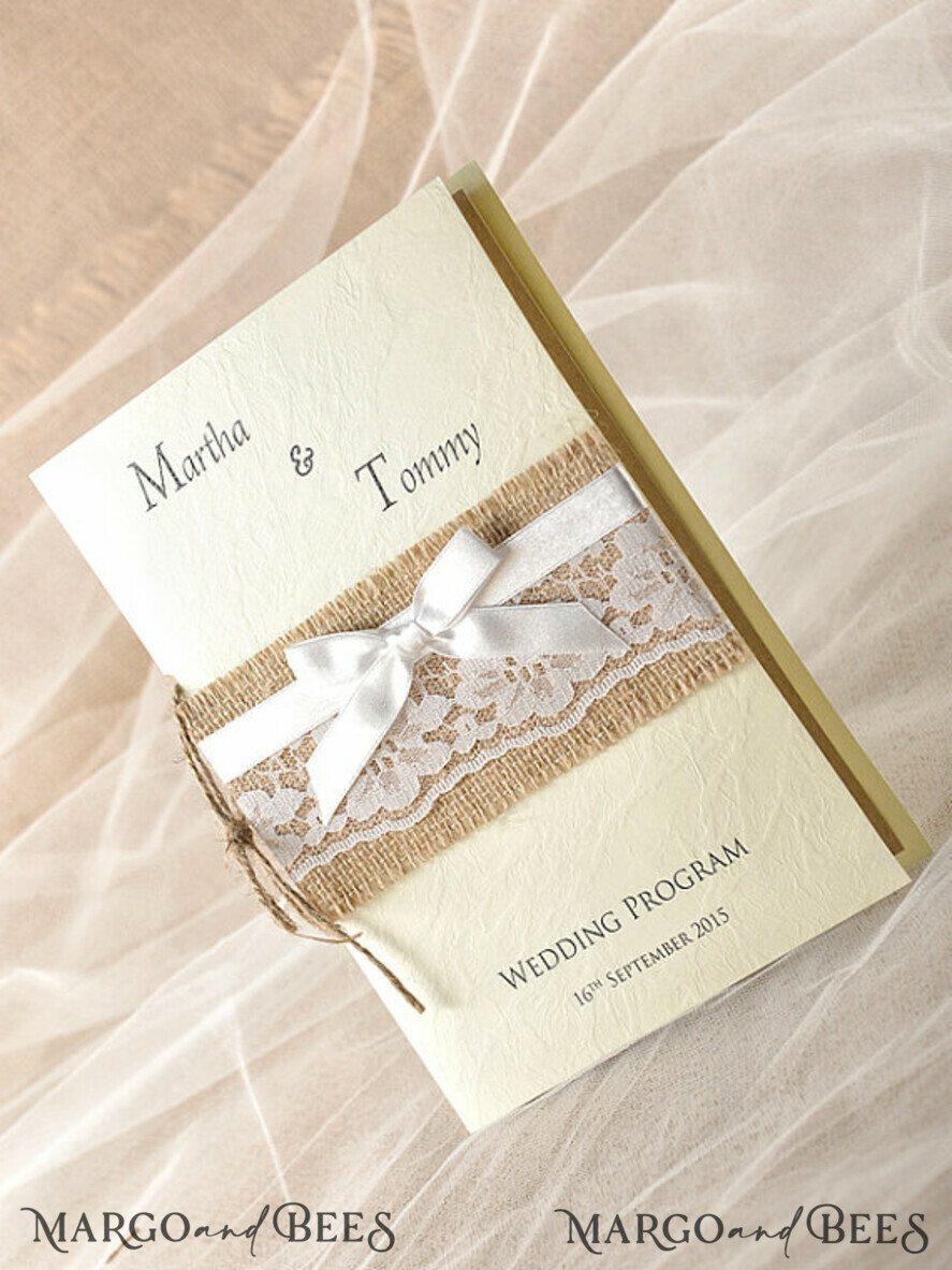 MENU & PROGRAMS rustic Rustic Wedding Program with Lace, Barn Wedding Program, Eco Romantic Personalized Cards with Ribbon, Simple Rustic Wedding Program, Elegant Booklet Ecru Wedding Cards