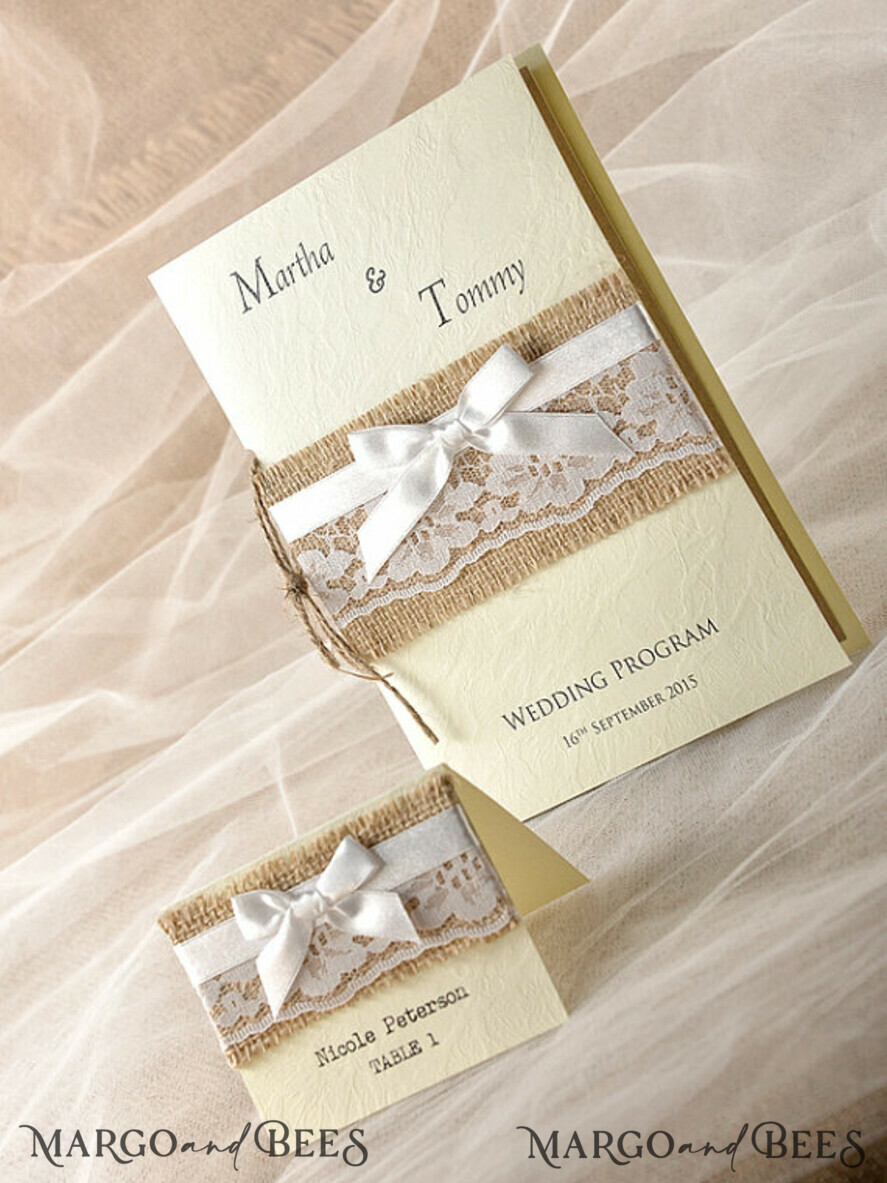 MENU & PROGRAMS rustic Rustic Wedding Program with Lace, Barn Wedding Program, Eco Romantic Personalized Cards with Ribbon, Simple Rustic Wedding Program, Elegant Booklet Ecru Wedding Cards