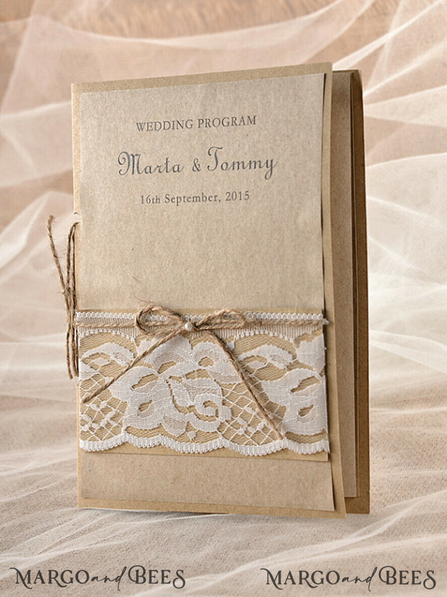MENU & PROGRAMS rustic Rustic Wedding Program with Lace, Barn Wedding Program, Eco Romantic Personalized Cards with Twine, Simple Rustic Wedding Program, Elegant Booklet Brown Wedding Cards