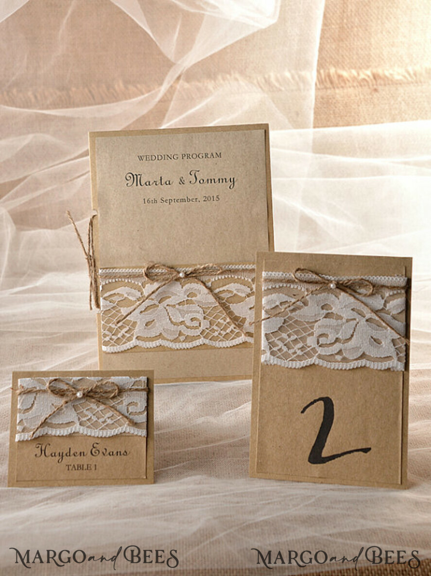 MENU & PROGRAMS rustic Rustic Wedding Program with Lace, Barn Wedding Program, Eco Romantic Personalized Cards with Twine, Simple Rustic Wedding Program, Elegant Booklet Brown Wedding Cards