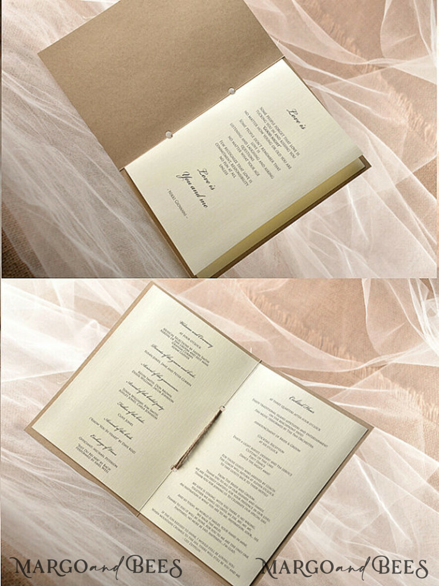 MENU & PROGRAMS rustic Rustic Wedding Program with Burlap, Barn Wedding Program, Eco Romantic Personalized Cards with Flower, Simple Rustic Wedding Program, Elegant Booklet Ecru Wedding Cards