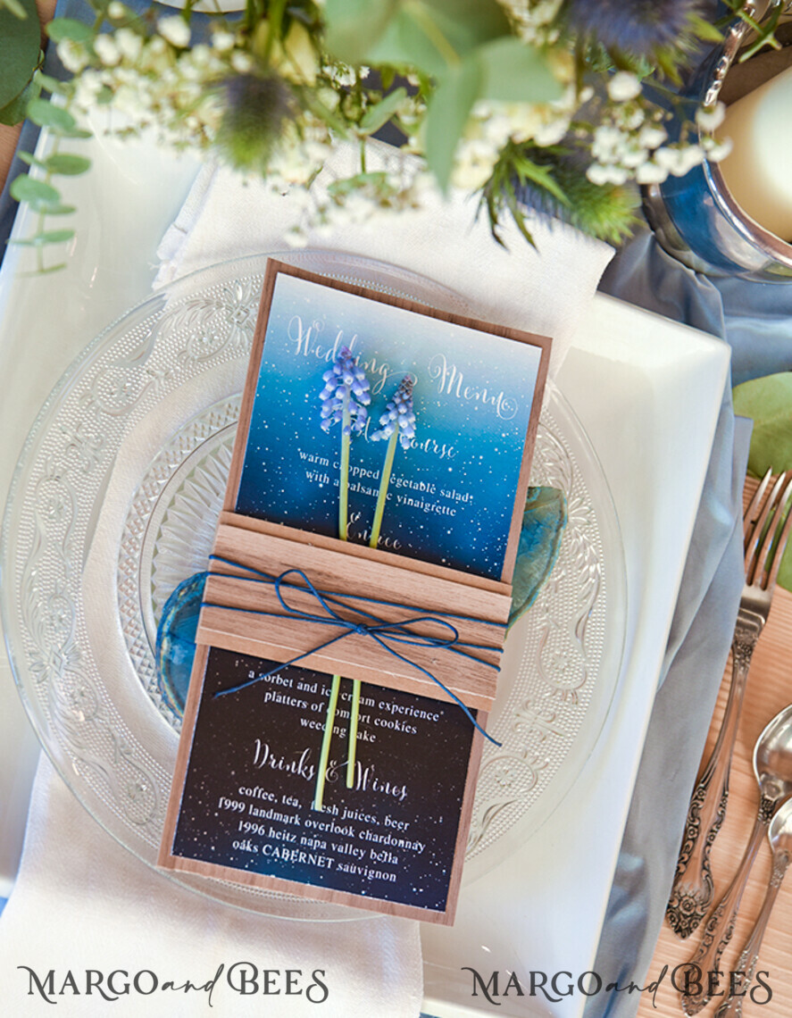 MENU & PROGRAMS rustic Elegant Royal Navy Wedding Menu, Bespoke Watercolor Dinner Menu, Winter Rustic Menu Card with Wooden Belly Band and Twine, Romantic Handmade Blue Menu Card