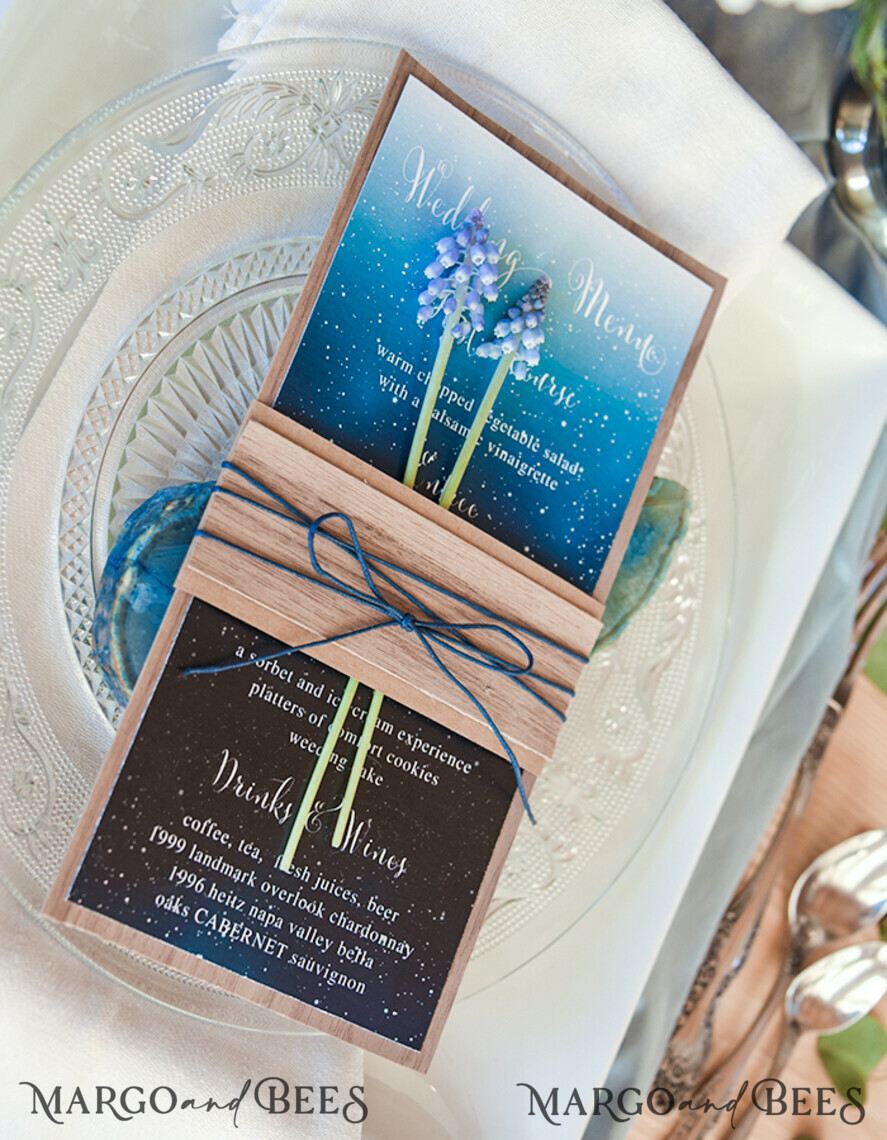 MENU & PROGRAMS rustic Elegant Royal Navy Wedding Menu, Bespoke Watercolor Dinner Menu, Winter Rustic Menu Card with Wooden Belly Band and Twine, Romantic Handmade Blue Menu Card