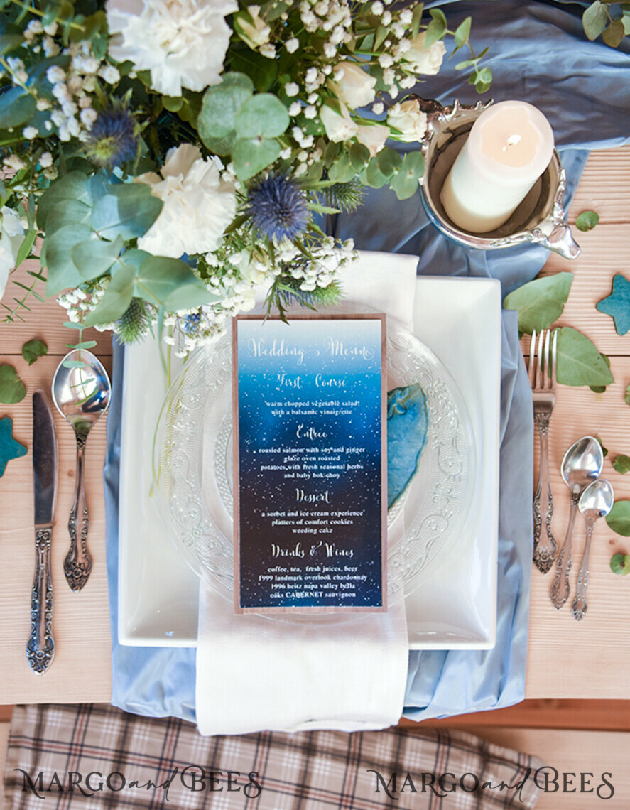 MENU & PROGRAMS rustic Elegant Royal Navy Wedding Menu, Bespoke Watercolor Dinner Menu, Winter Rustic Menu Card with Wooden Belly Band and Twine, Romantic Handmade Blue Menu Card