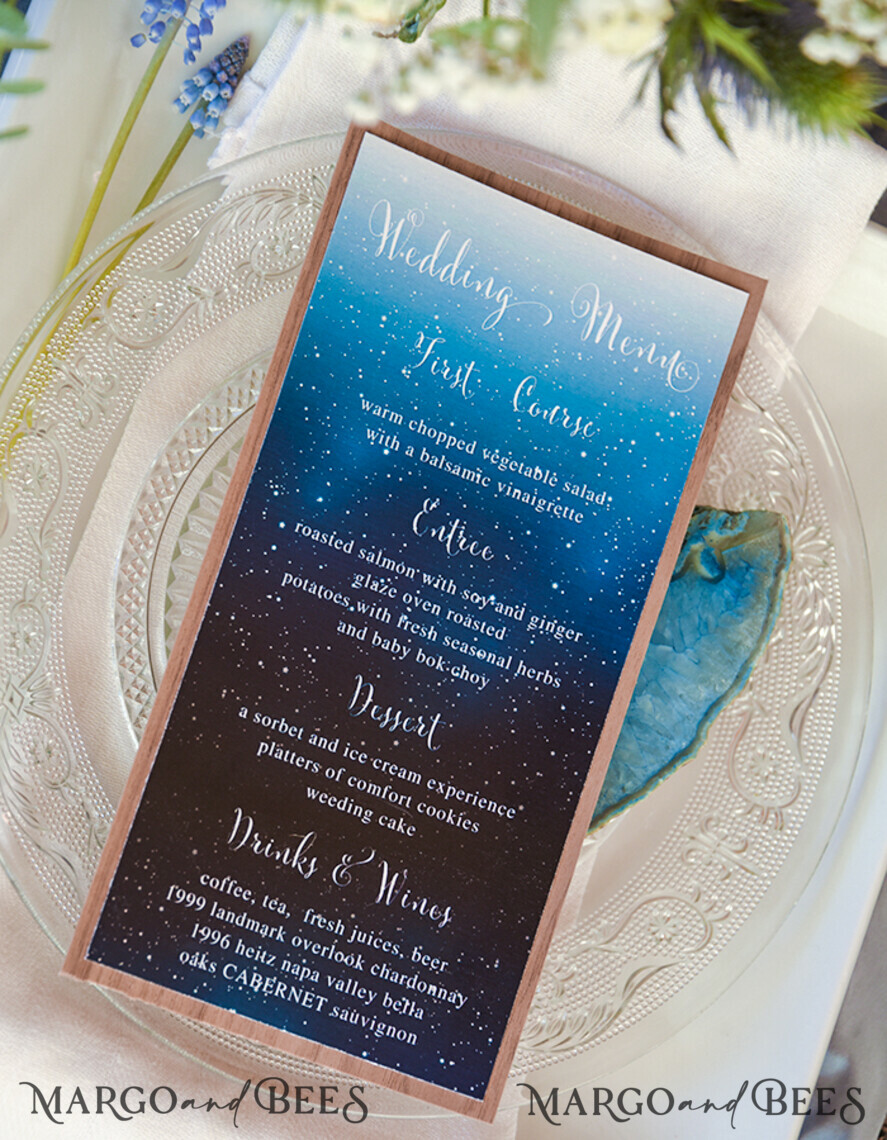 MENU & PROGRAMS rustic Elegant Royal Navy Wedding Menu, Bespoke Watercolor Dinner Menu, Winter Rustic Menu Card with Wooden Belly Band and Twine, Romantic Handmade Blue Menu Card