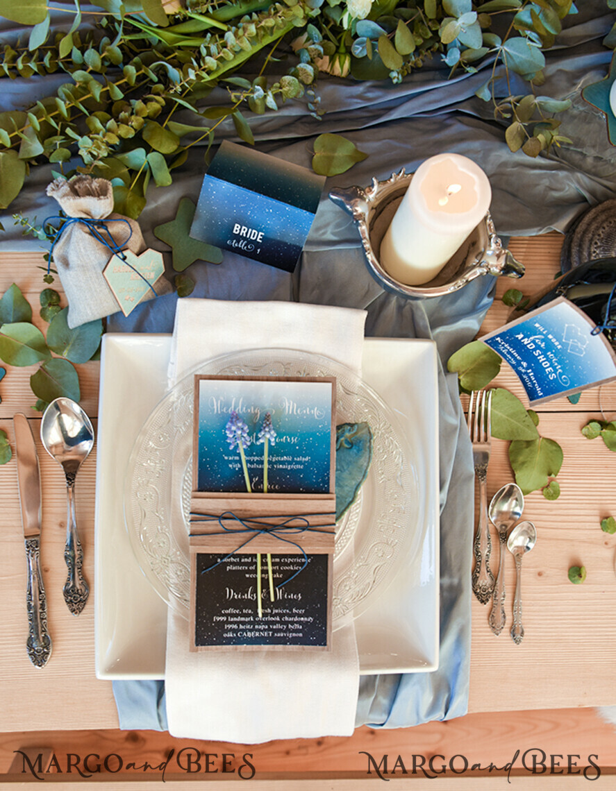 MENU & PROGRAMS rustic Elegant Royal Navy Wedding Menu, Bespoke Watercolor Dinner Menu, Winter Rustic Menu Card with Wooden Belly Band and Twine, Romantic Handmade Blue Menu Card