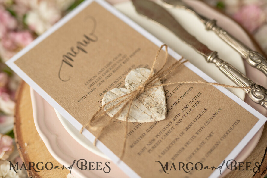 MENU & PROGRAMS rustic Rustic Wedding Menu with Twine, Barn Wedding Dinner Menu, Eco Romantic Personalized Cards with Wooden Heart, Kraft Wedding Menu, Simple Rustic Burlap Wedding Menu, Elegant Wedding Menu Cards