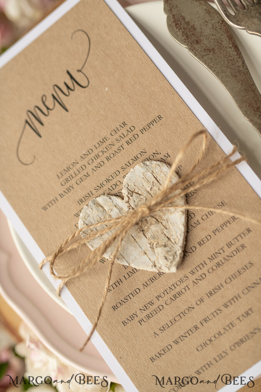 MENU & PROGRAMS rustic Rustic Wedding Menu with Twine, Barn Wedding Dinner Menu, Eco Romantic Personalized Cards with Wooden Heart, Kraft Wedding Menu, Simple Rustic Burlap Wedding Menu, Elegant Wedding Menu Cards