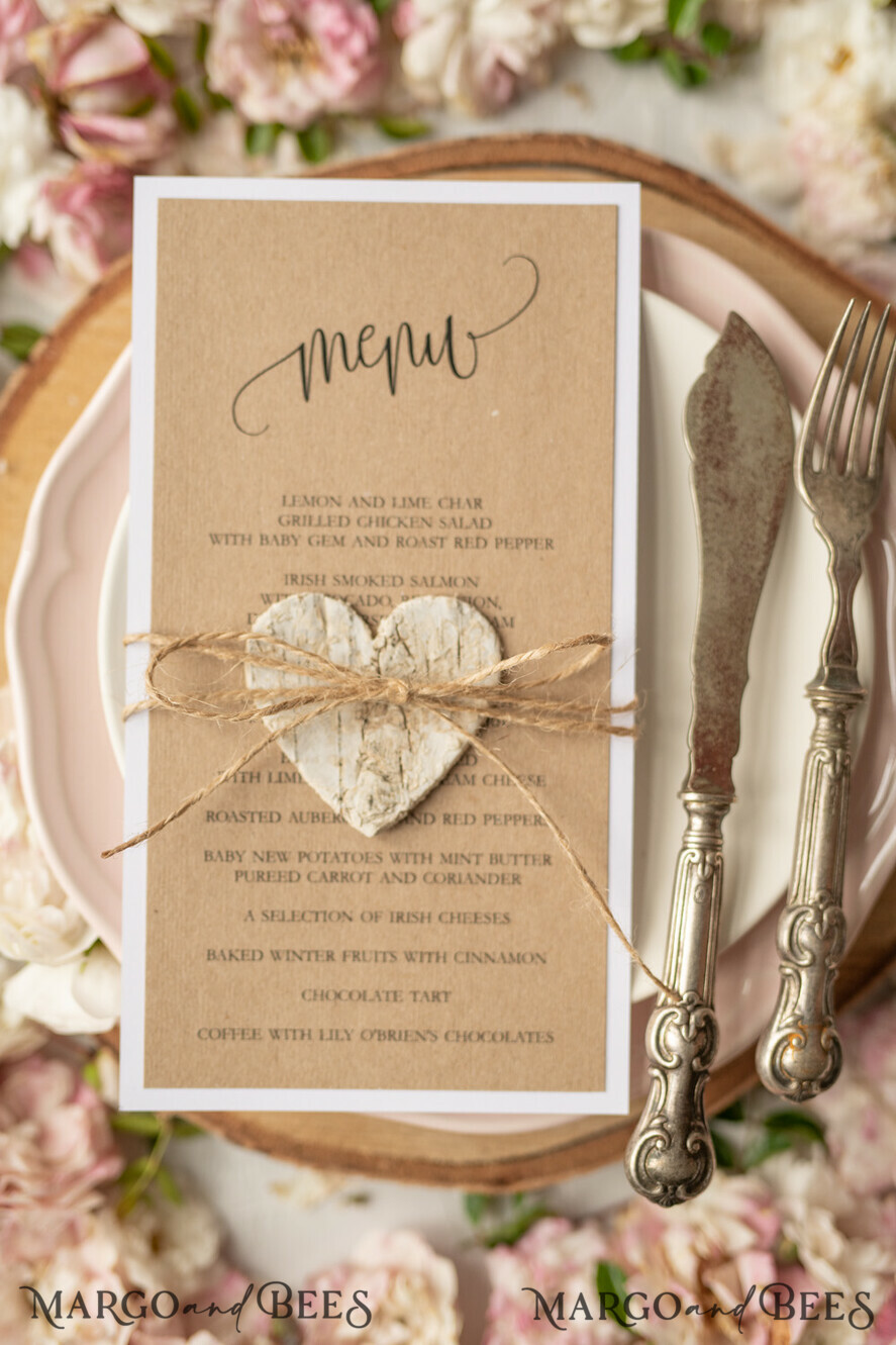 MENU & PROGRAMS rustic Rustic Wedding Menu with Twine, Barn Wedding Dinner Menu, Eco Romantic Personalized Cards with Wooden Heart, Kraft Wedding Menu, Simple Rustic Burlap Wedding Menu, Elegant Wedding Menu Cards