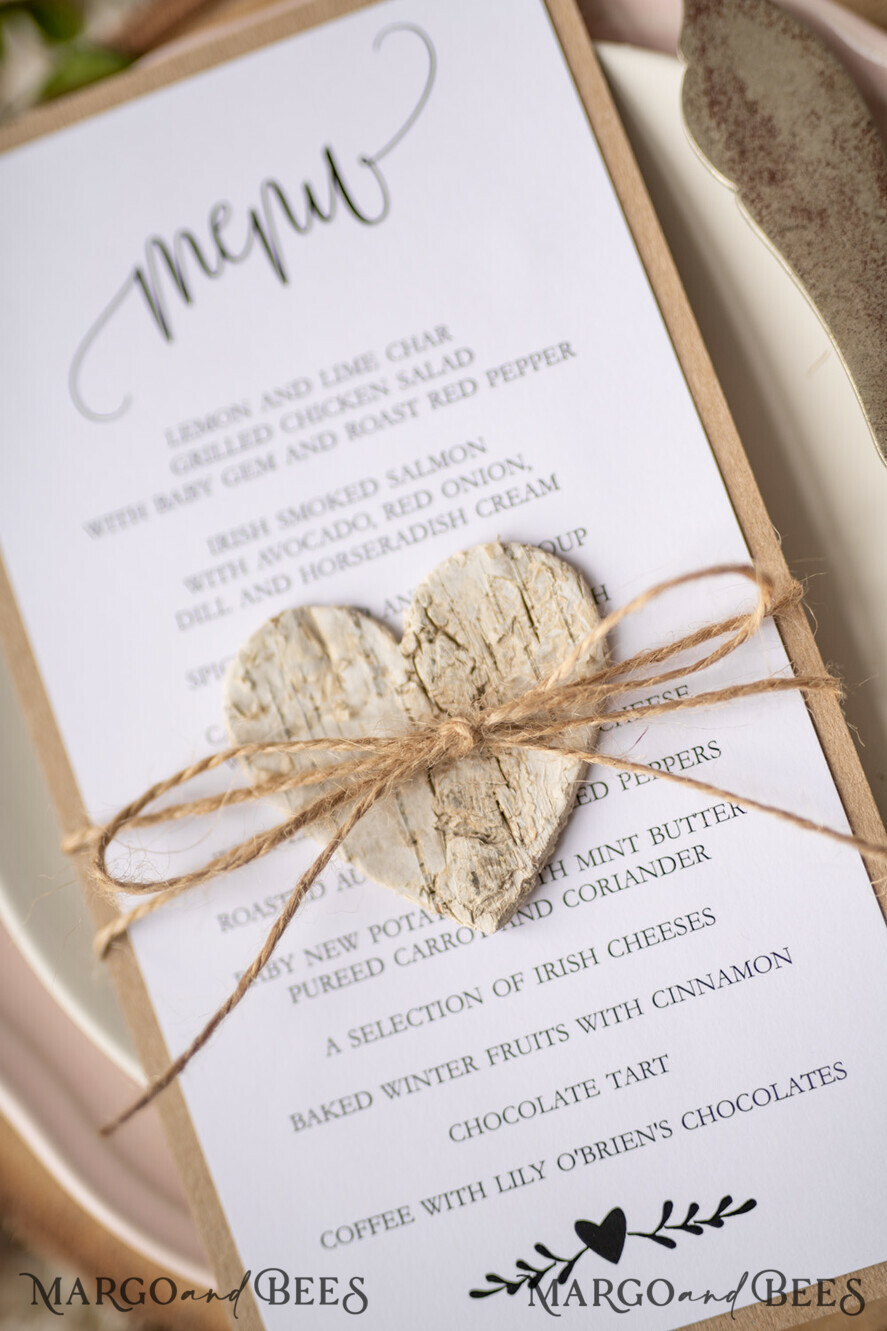 MENU & PROGRAMS rustic Rustic Wedding Menu with Twine, Barn Wedding Dinner Menu, Eco Romantic Personalized Cards with Wooden Heart, Kraft Wedding Menu, Simple Rustic Burlap Wedding Menu, Elegant White Wedding Menu Cards