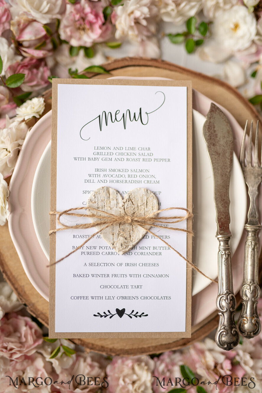 MENU & PROGRAMS rustic Rustic Wedding Menu with Twine, Barn Wedding Dinner Menu, Eco Romantic Personalized Cards with Wooden Heart, Kraft Wedding Menu, Simple Rustic Burlap Wedding Menu, Elegant White Wedding Menu Cards