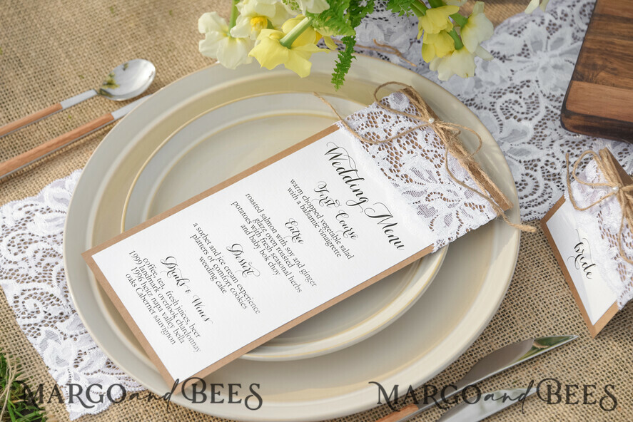 MENU & PROGRAMS rustic Rustic Wedding Menu with Lace, Barn Wedding Dinner Menu, Eco Romantic Personalized Cards, Kraft Wedding Menu, Simple Rustic Lace Wedding Menu, Elegant Cards