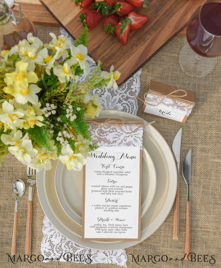 MENU & PROGRAMS rustic Rustic Wedding Menu with Lace, Barn Wedding Dinner Menu, Eco Romantic Personalized Cards, Kraft Wedding Menu, Simple Rustic Lace Wedding Menu, Elegant Cards