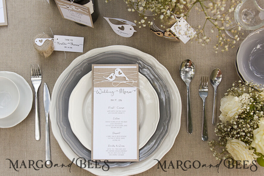 MENU & PROGRAMS rustic Rustic Birds wedding Menu, Outdoor wedding menu card, Romantic Wedding Menu, Barn Wedding Dinner Menu, Eco Romantic Personalized Cards with Birds, Kraft Wedding
