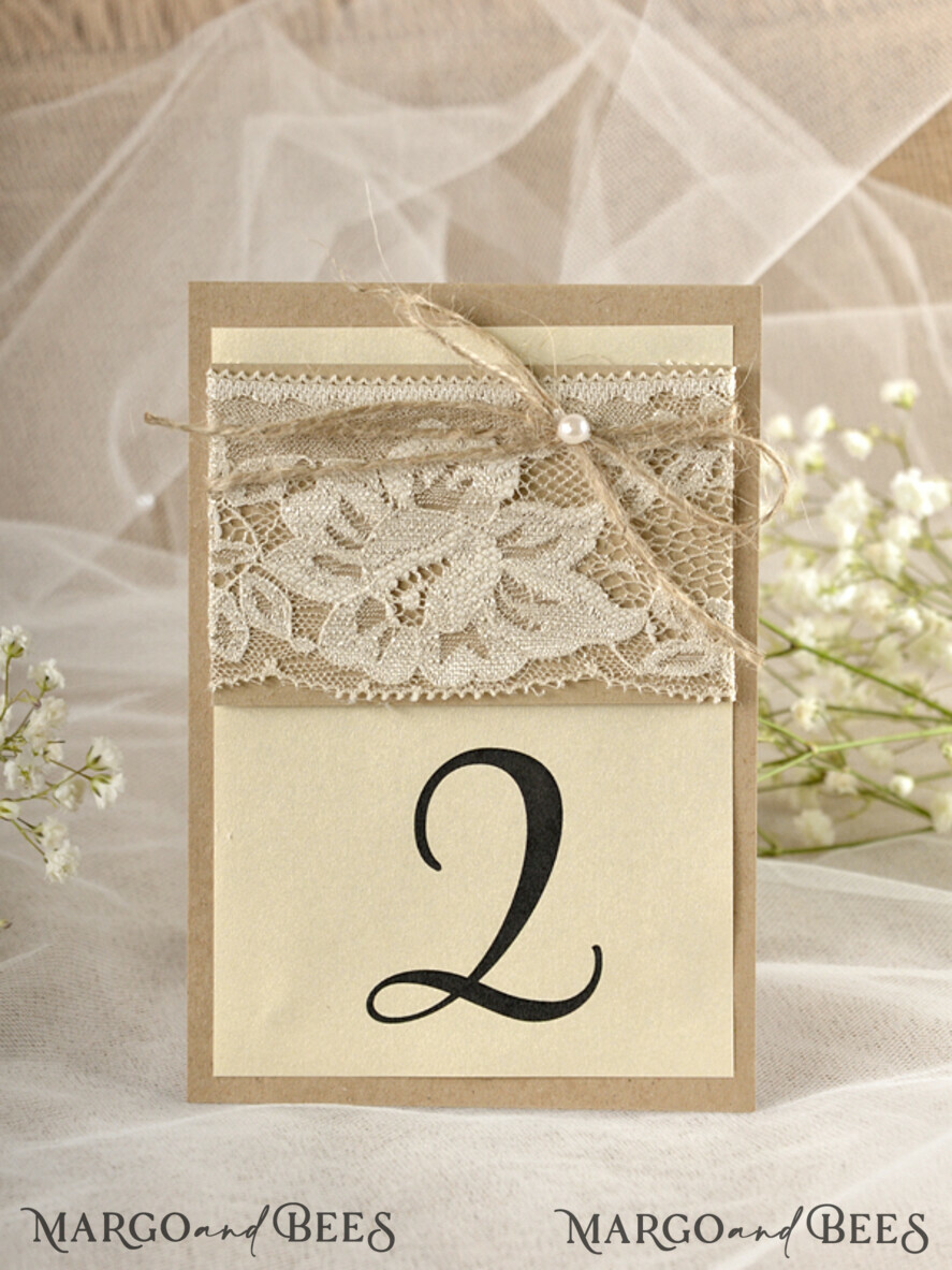 TABLE DECOR SIGNS Wood Eco Rustic Table numbers Romantic Lace Eco Brown and Ivory Wedding Table Numbers with Burlap Twine, Custom Eco Handcrafted Wedding Stationery, Simple Natural Handmade Rustic Table Cards