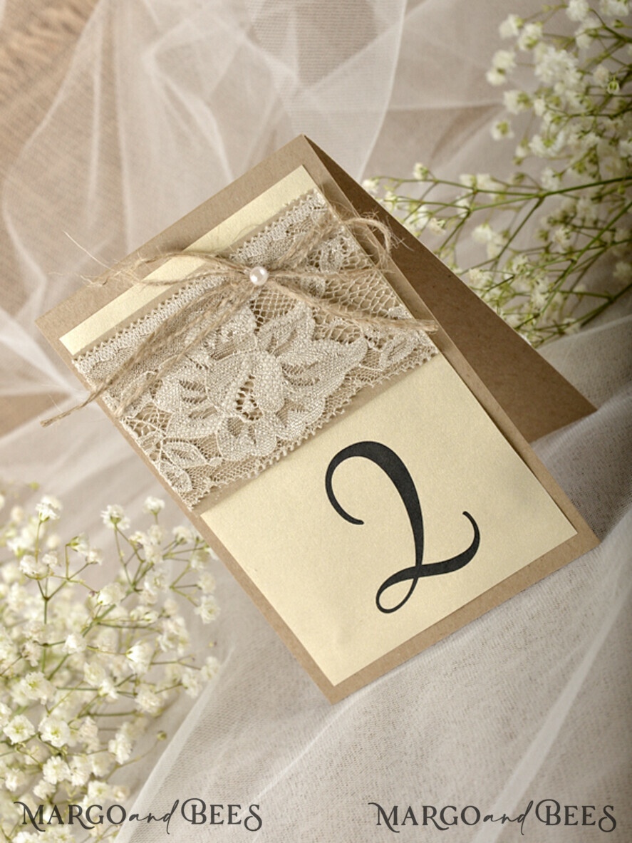 TABLE DECOR SIGNS Wood Eco Rustic Table numbers Romantic Lace Eco Brown and Ivory Wedding Table Numbers with Burlap Twine, Custom Eco Handcrafted Wedding Stationery, Simple Natural Handmade Rustic Table Cards