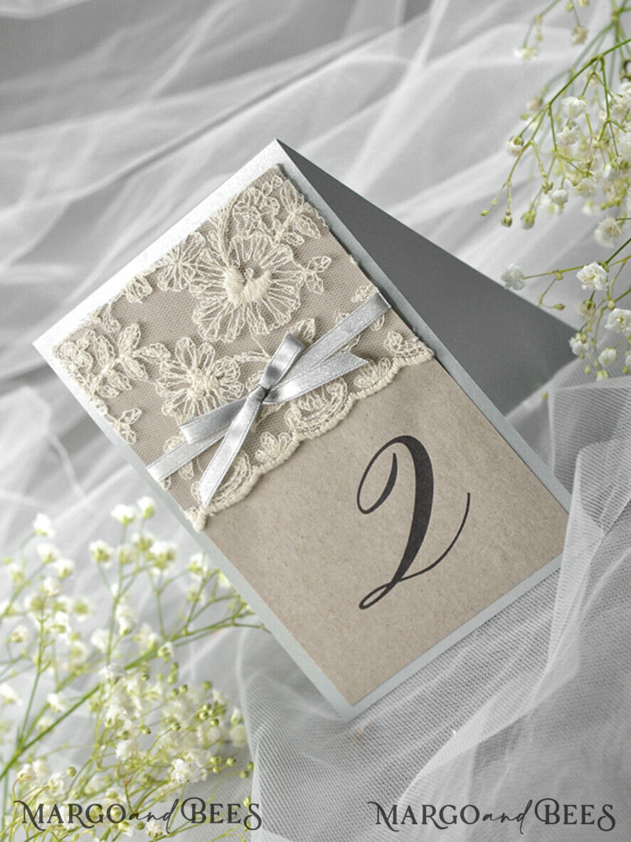 TABLE DECOR SIGNS Wood Eco Rustic Table numbers Romantic Wedding Table Numbers with Grey Ribbon, Vintage Lace Personalized Table Cards, Light Grey and Brown Shabby Chic Wedding Table Décor, Rustic Wedding Table Sign