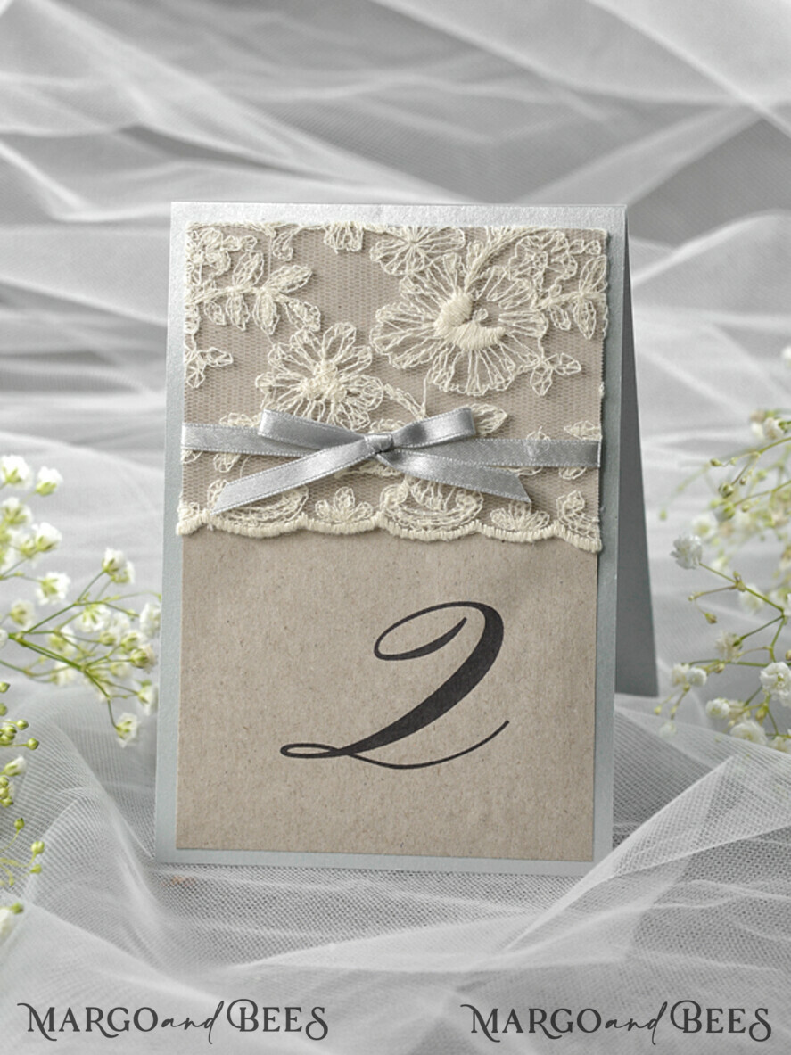 TABLE DECOR SIGNS Wood Eco Rustic Table numbers Romantic Wedding Table Numbers with Grey Ribbon, Vintage Lace Personalized Table Cards, Light Grey and Brown Shabby Chic Wedding Table Décor, Rustic Wedding Table Sign