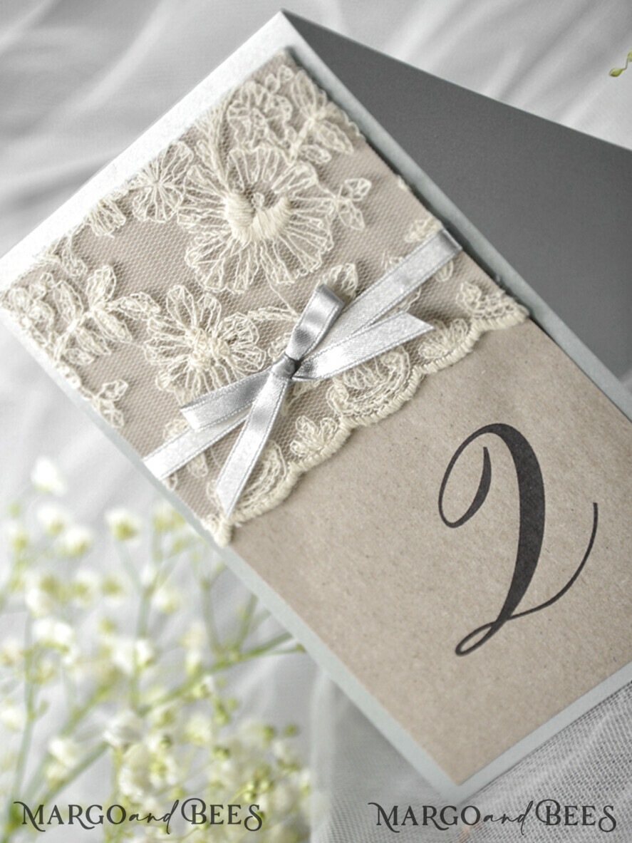 TABLE DECOR SIGNS Wood Eco Rustic Table numbers Romantic Wedding Table Numbers with Grey Ribbon, Vintage Lace Personalized Table Cards, Light Grey and Brown Shabby Chic Wedding Table Décor, Rustic Wedding Table Sign