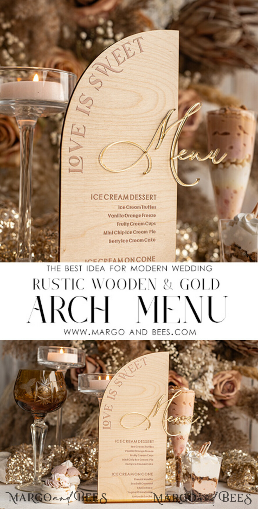 TABLE DECOR SIGNS Wood Eco Rustic Table numbers Rustic Wooden Half Arch Dessert Menu with Stand, Country Barn Wood Acrylic gold Candy Bar Sign, Natural Wood Gold Plexi Table Dessert Menu Wedding Table Decor, Wedding Signage Golden mirror and Wooden Candy Bar Menu