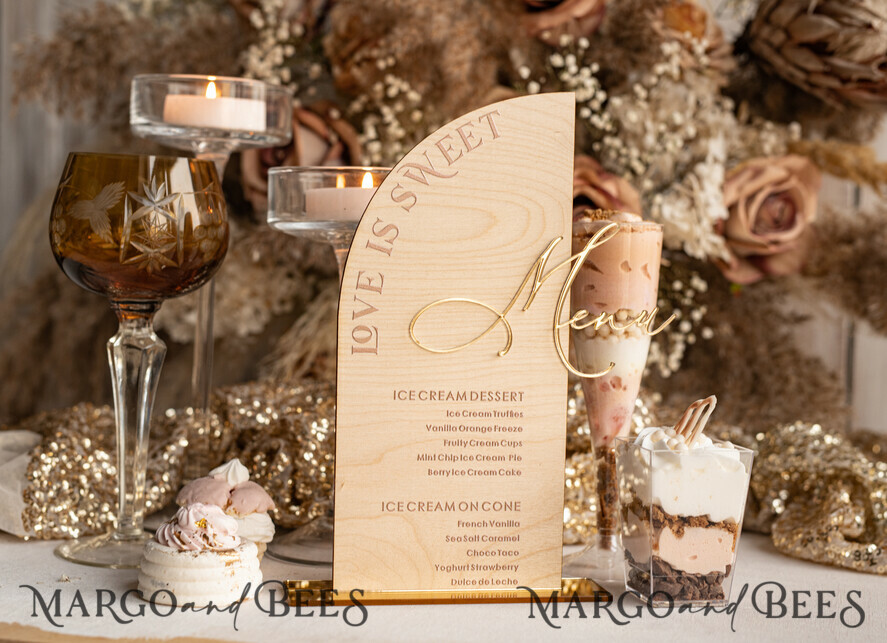 TABLE DECOR SIGNS Wood Eco Rustic Table numbers Rustic Wooden Half Arch Dessert Menu with Stand, Country Barn Wood Acrylic gold Candy Bar Sign, Natural Wood Gold Plexi Table Dessert Menu Wedding Table Decor, Wedding Signage Golden mirror and Wooden Candy Bar Menu
