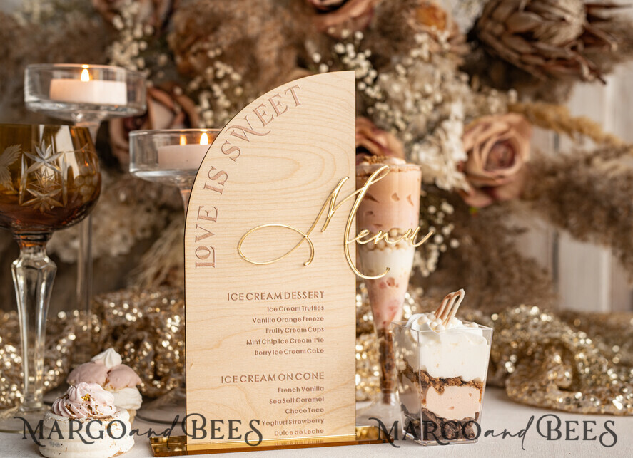 TABLE DECOR SIGNS Wood Eco Rustic Table numbers Rustic Wooden Half Arch Dessert Menu with Stand, Country Barn Wood Acrylic gold Candy Bar Sign, Natural Wood Gold Plexi Table Dessert Menu Wedding Table Decor, Wedding Signage Golden mirror and Wooden Candy Bar Menu