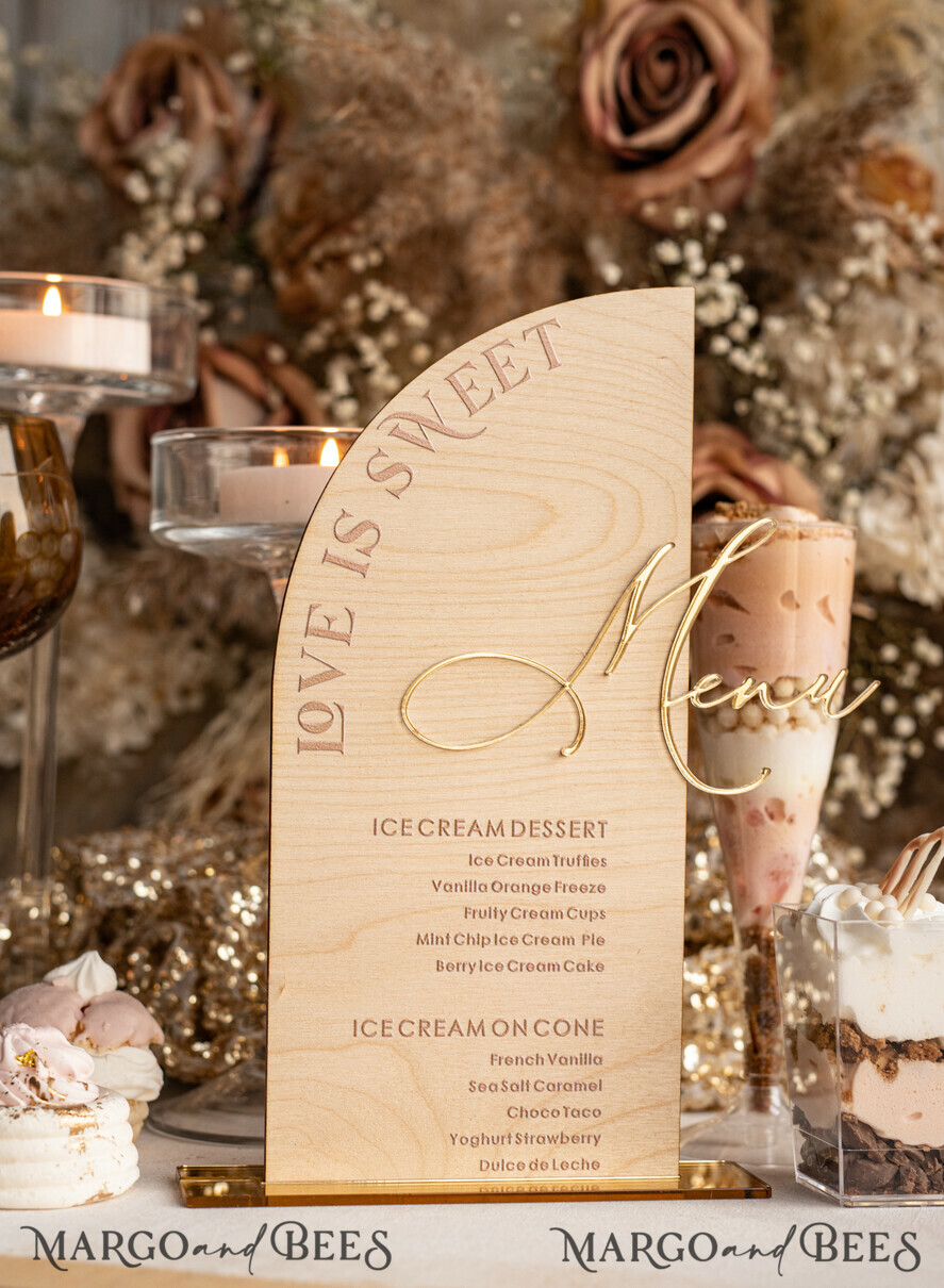 TABLE DECOR SIGNS Wood Eco Rustic Table numbers Rustic Wooden Half Arch Dessert Menu with Stand, Country Barn Wood Acrylic gold Candy Bar Sign, Natural Wood Gold Plexi Table Dessert Menu Wedding Table Decor, Wedding Signage Golden mirror and Wooden Candy Bar Menu