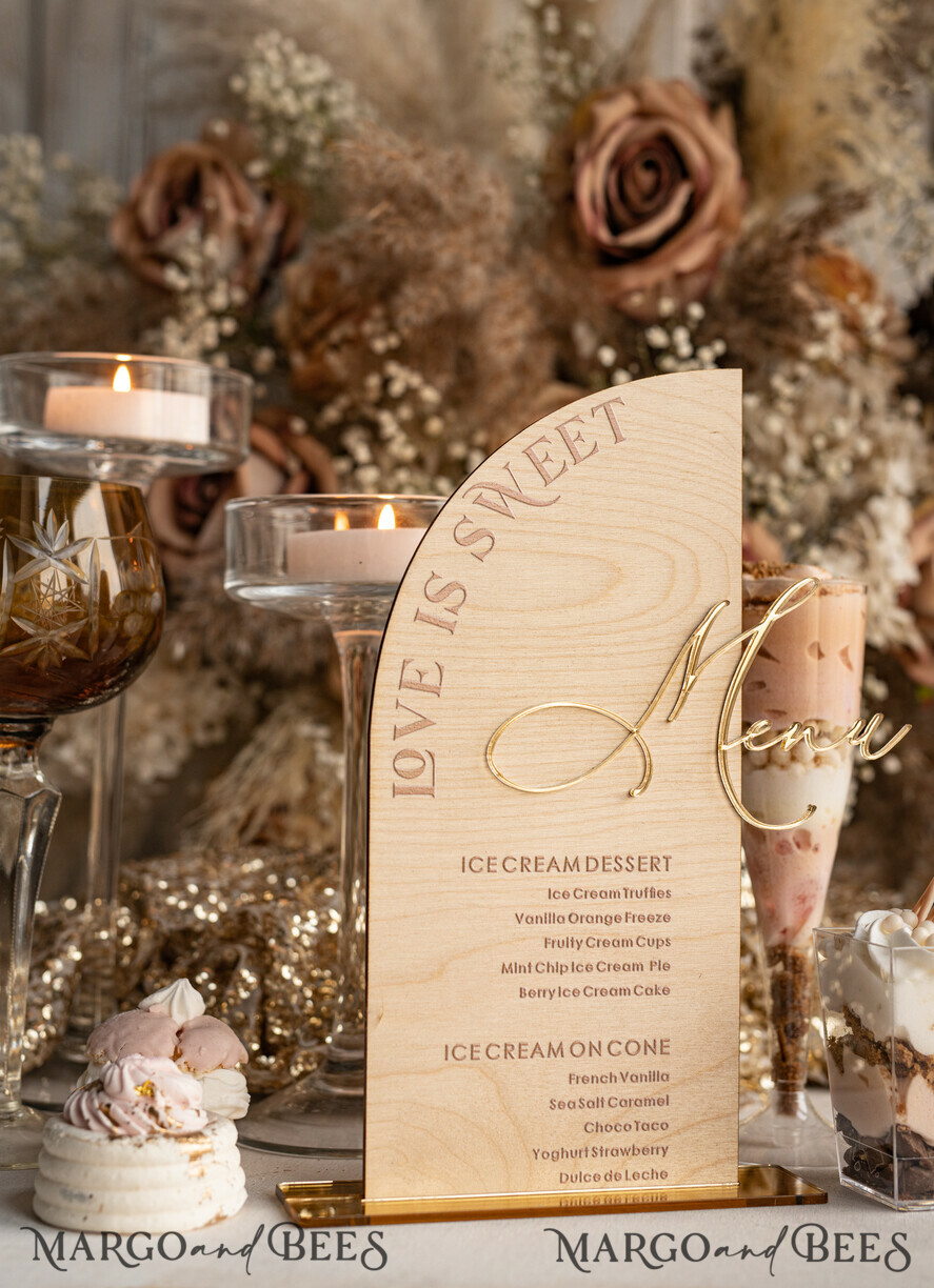 TABLE DECOR SIGNS Wood Eco Rustic Table numbers Rustic Wooden Half Arch Dessert Menu with Stand, Country Barn Wood Acrylic gold Candy Bar Sign, Natural Wood Gold Plexi Table Dessert Menu Wedding Table Decor, Wedding Signage Golden mirror and Wooden Candy Bar Menu