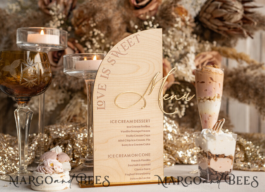 TABLE DECOR SIGNS Wood Eco Rustic Table numbers Rustic Wooden Half Arch Dessert Menu with Stand, Country Barn Wood Acrylic gold Candy Bar Sign, Natural Wood Gold Plexi Table Dessert Menu Wedding Table Decor, Wedding Signage Golden mirror and Wooden Candy Bar Menu