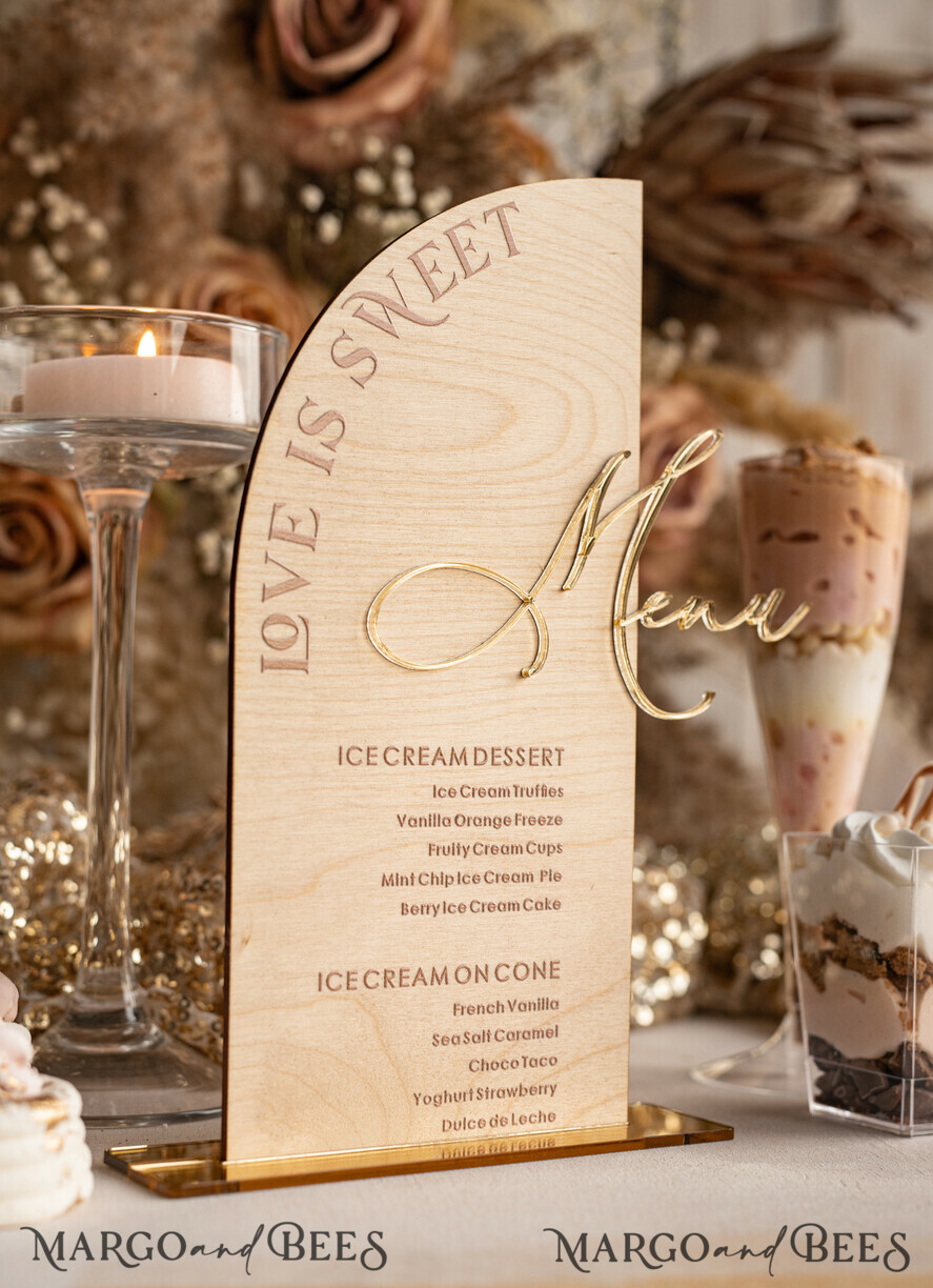TABLE DECOR SIGNS Wood Eco Rustic Table numbers Rustic Wooden Half Arch Dessert Menu with Stand, Country Barn Wood Acrylic gold Candy Bar Sign, Natural Wood Gold Plexi Table Dessert Menu Wedding Table Decor, Wedding Signage Golden mirror and Wooden Candy Bar Menu