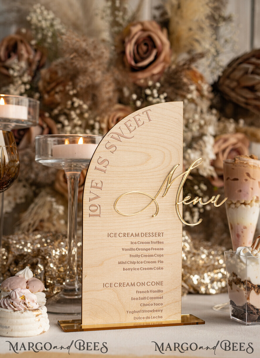 TABLE DECOR SIGNS Wood Eco Rustic Table numbers Rustic Wooden Half Arch Dessert Menu with Stand, Country Barn Wood Acrylic gold Candy Bar Sign, Natural Wood Gold Plexi Table Dessert Menu Wedding Table Decor, Wedding Signage Golden mirror and Wooden Candy Bar Menu