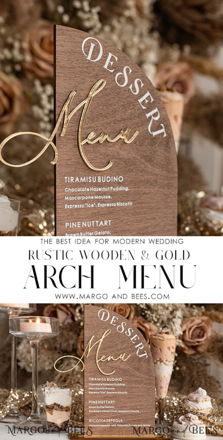 TABLE DECOR SIGNS Wood Eco Rustic Table numbers Rustic Wooden Half Arch Dessert Menu with Stand, Country Barn Wood Acrylic gold Candy Bar Sign, Natural Wood Gold Plexi Table Dessert Menu Wedding Table Decor, Wedding Signage Golden mirror and Wooden Candy Bar Menu
