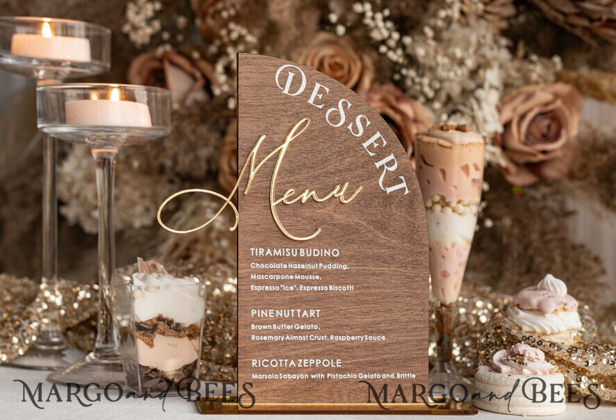 TABLE DECOR SIGNS Wood Eco Rustic Table numbers Rustic Wooden Half Arch Dessert Menu with Stand, Country Barn Wood Acrylic gold Candy Bar Sign, Natural Wood Gold Plexi Table Dessert Menu Wedding Table Decor, Wedding Signage Golden mirror and Wooden Candy Bar Menu