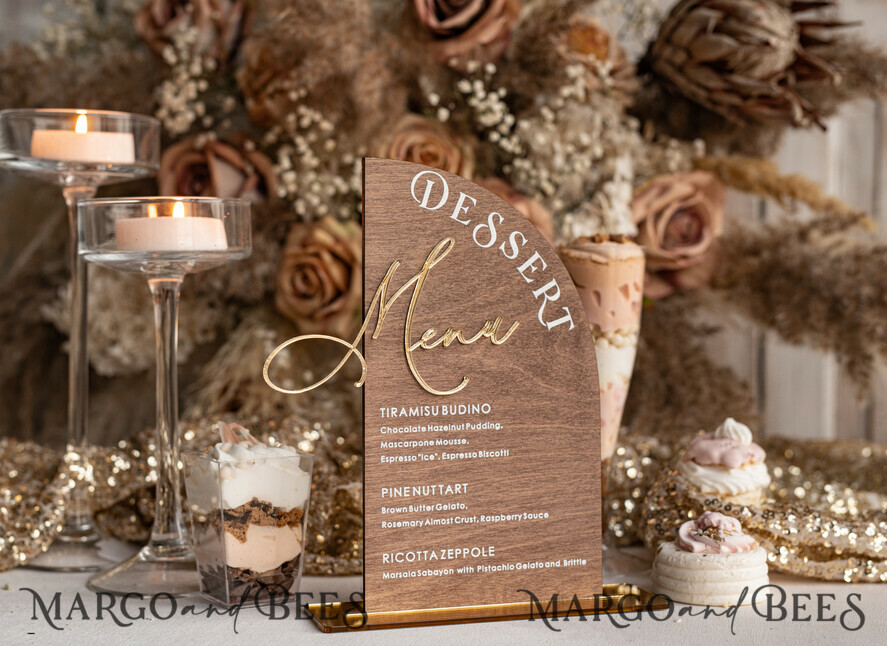 TABLE DECOR SIGNS Wood Eco Rustic Table numbers Rustic Wooden Half Arch Dessert Menu with Stand, Country Barn Wood Acrylic gold Candy Bar Sign, Natural Wood Gold Plexi Table Dessert Menu Wedding Table Decor, Wedding Signage Golden mirror and Wooden Candy Bar Menu