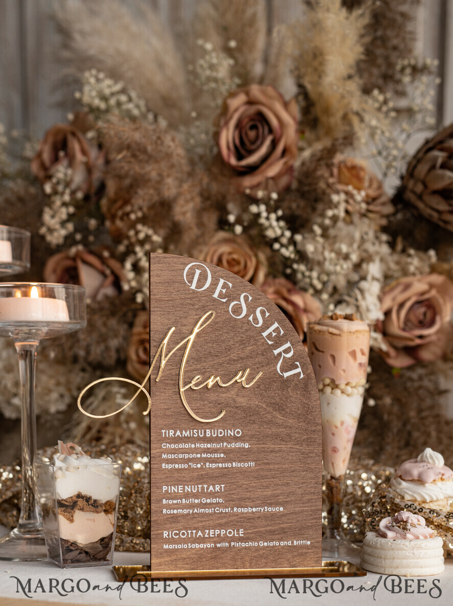 TABLE DECOR SIGNS Wood Eco Rustic Table numbers Rustic Wooden Half Arch Dessert Menu with Stand, Country Barn Wood Acrylic gold Candy Bar Sign, Natural Wood Gold Plexi Table Dessert Menu Wedding Table Decor, Wedding Signage Golden mirror and Wooden Candy Bar Menu
