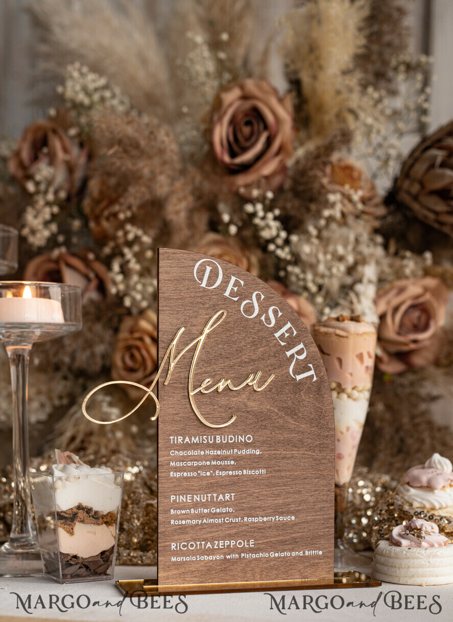 TABLE DECOR SIGNS Wood Eco Rustic Table numbers Rustic Wooden Half Arch Dessert Menu with Stand, Country Barn Wood Acrylic gold Candy Bar Sign, Natural Wood Gold Plexi Table Dessert Menu Wedding Table Decor, Wedding Signage Golden mirror and Wooden Candy Bar Menu