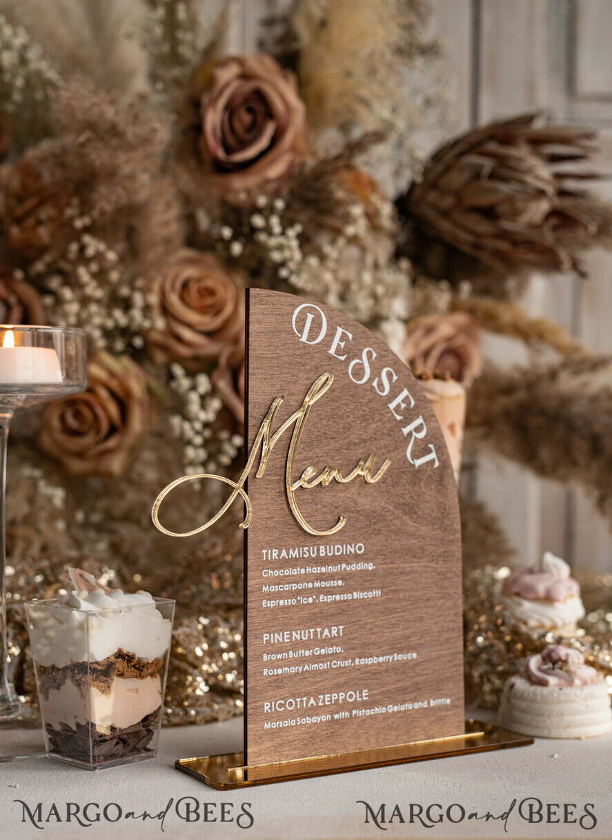 TABLE DECOR SIGNS Wood Eco Rustic Table numbers Rustic Wooden Half Arch Dessert Menu with Stand, Country Barn Wood Acrylic gold Candy Bar Sign, Natural Wood Gold Plexi Table Dessert Menu Wedding Table Decor, Wedding Signage Golden mirror and Wooden Candy Bar Menu