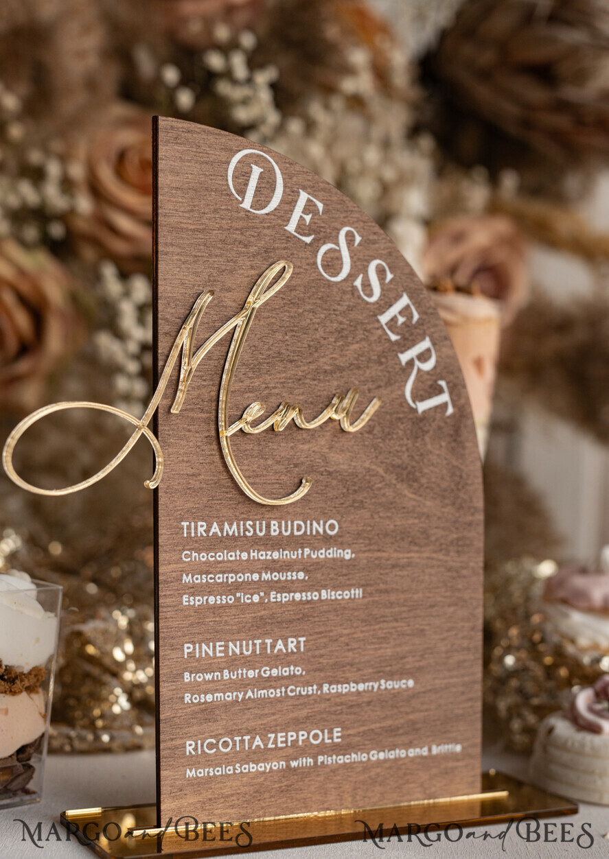 TABLE DECOR SIGNS Wood Eco Rustic Table numbers Rustic Wooden Half Arch Dessert Menu with Stand, Country Barn Wood Acrylic gold Candy Bar Sign, Natural Wood Gold Plexi Table Dessert Menu Wedding Table Decor, Wedding Signage Golden mirror and Wooden Candy Bar Menu