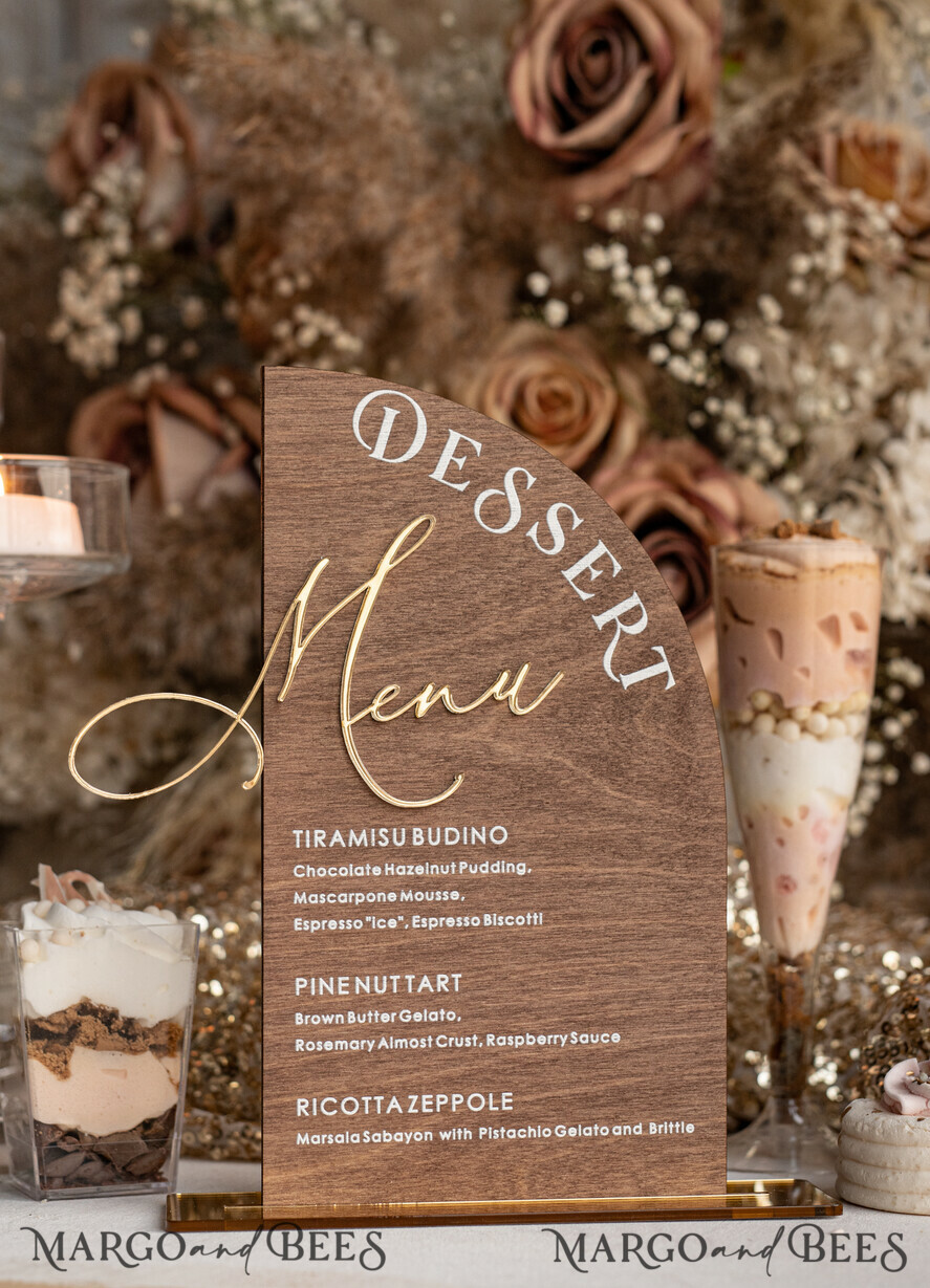 TABLE DECOR SIGNS Wood Eco Rustic Table numbers Rustic Wooden Half Arch Dessert Menu with Stand, Country Barn Wood Acrylic gold Candy Bar Sign, Natural Wood Gold Plexi Table Dessert Menu Wedding Table Decor, Wedding Signage Golden mirror and Wooden Candy Bar Menu