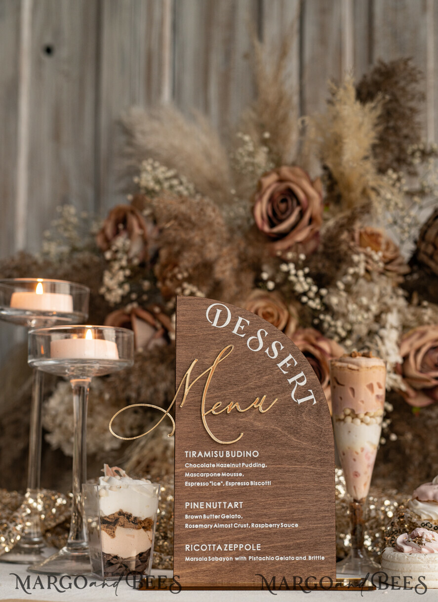 TABLE DECOR SIGNS Wood Eco Rustic Table numbers Rustic Wooden Half Arch Dessert Menu with Stand, Country Barn Wood Acrylic gold Candy Bar Sign, Natural Wood Gold Plexi Table Dessert Menu Wedding Table Decor, Wedding Signage Golden mirror and Wooden Candy Bar Menu