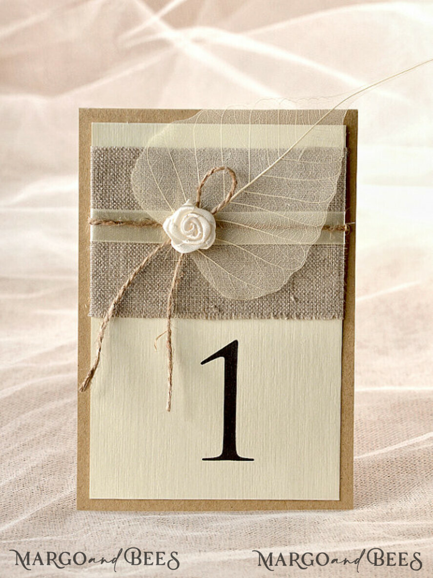 TABLE DECOR SIGNS Wood Eco Rustic Table numbers Rustic Eco Wedding Table Numbers with Burlap Twine, Natural Simple Wedding Table Cards, Personalized Cards with Rose and Leaf, Simple Rustic Wedding Table Décor
