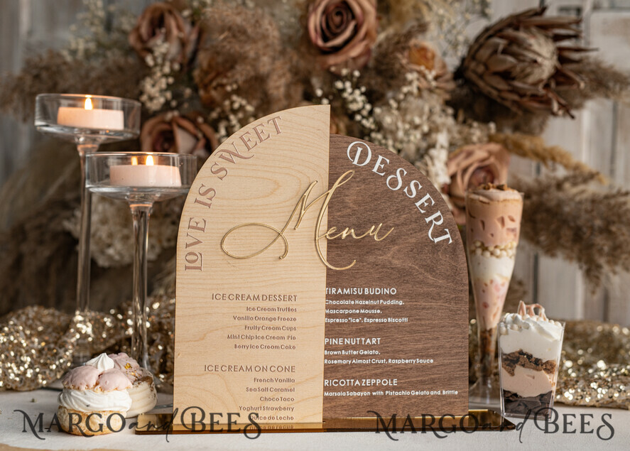 TABLE DECOR SIGNS Wood Eco Rustic Table numbers Acrylic Arch Dessert Menu, Ivory Frozen Acrylic gold Candy Bar Sign, Gold Plexi Table Dessert Menu Menu Combo Luxury Wedding Table Decor, Wedding Signage Golden